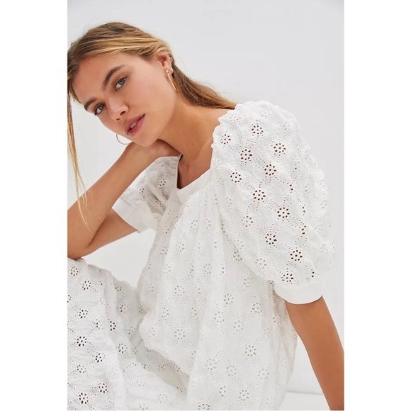 Maeve Anthropologie Eyelet Mini Dress Babydoll White Small Petite EUC - Picture 2 of 7